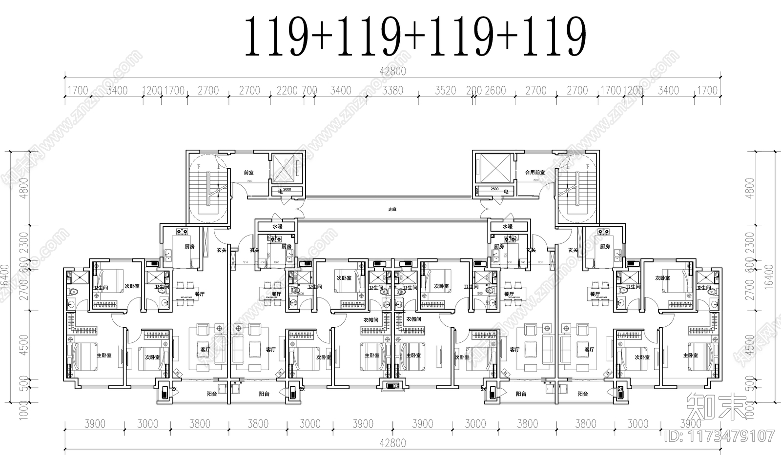 现代住宅楼建筑cad施工图下载【ID:1173479107】