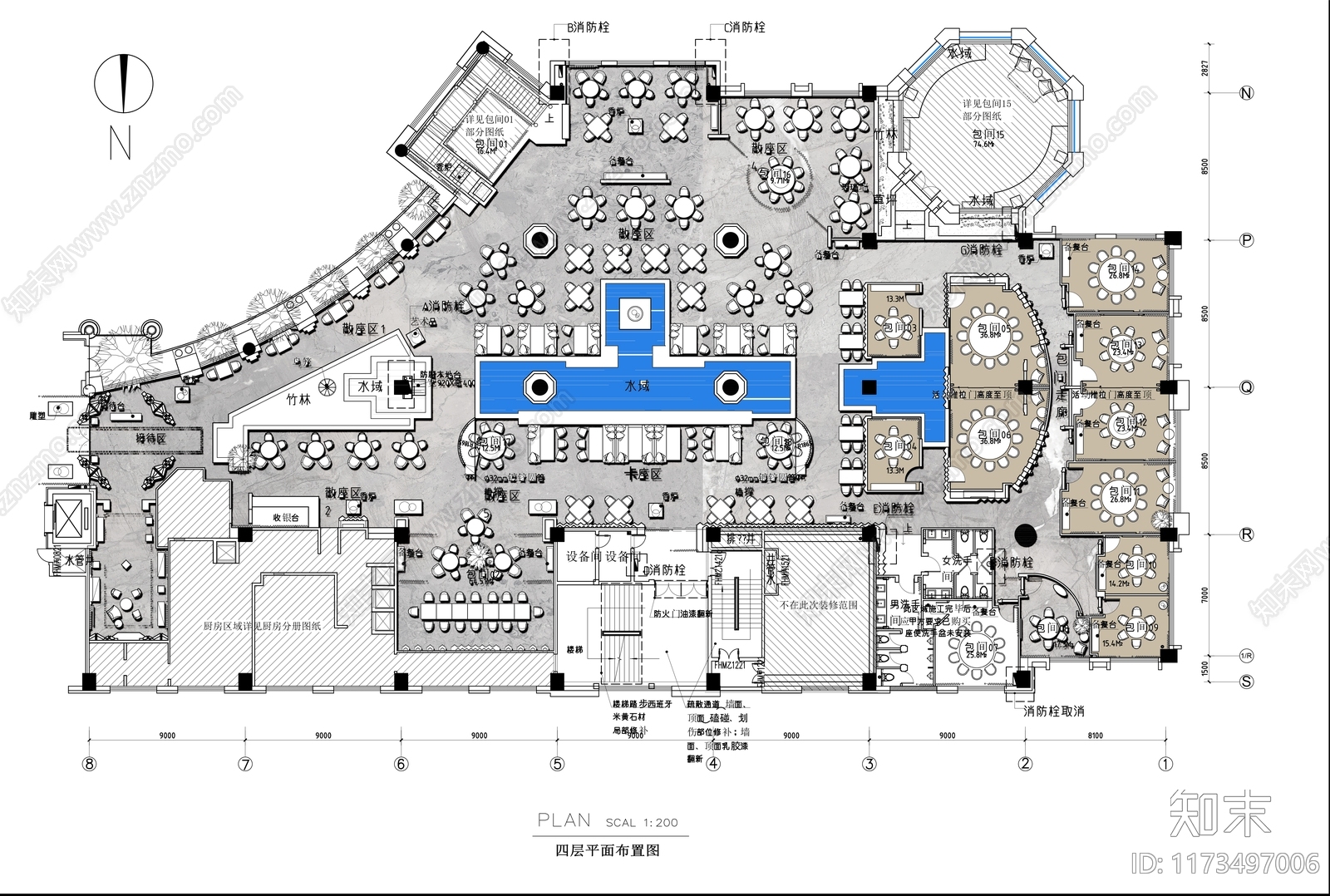 现代新中式中餐厅cad施工图下载【ID:1173497006】