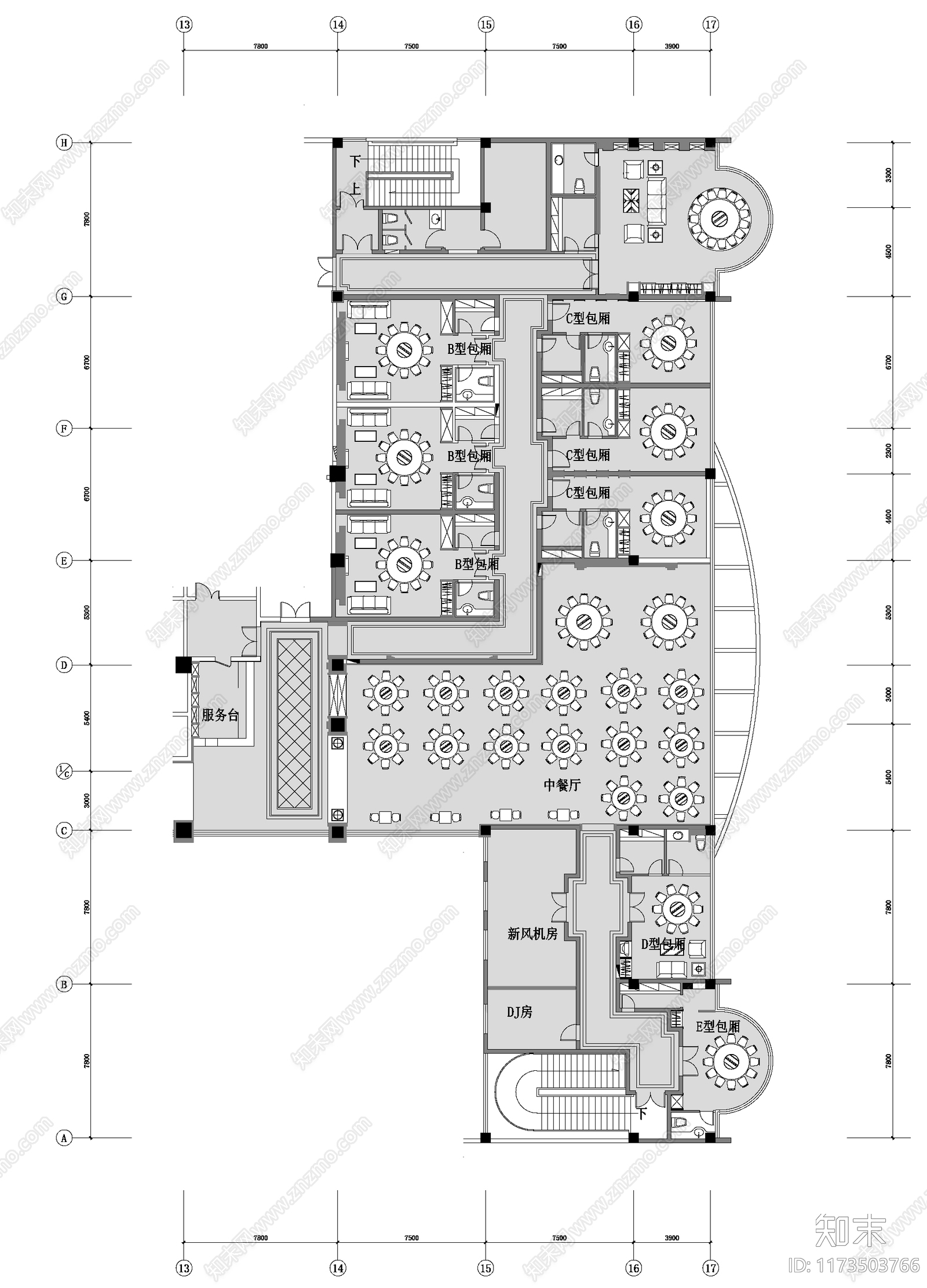 新中式中餐厅cad施工图下载【ID:1173503766】