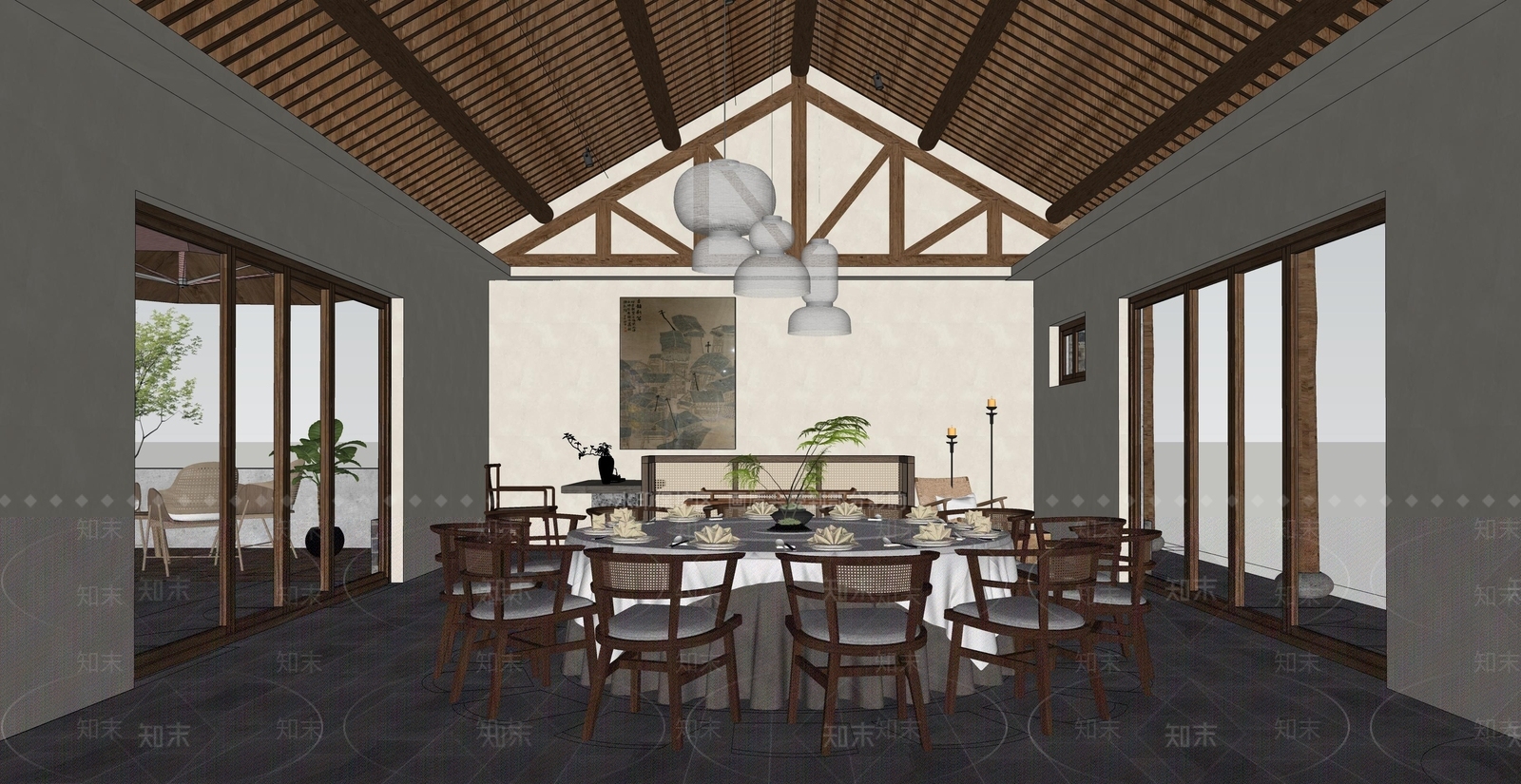 新中式侘寂包厢SU模型下载【ID:1173524315】