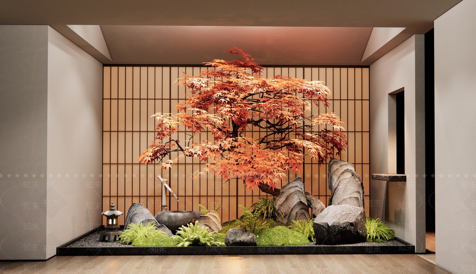 日式禅意室内景观SU模型下载【ID:1173536428】