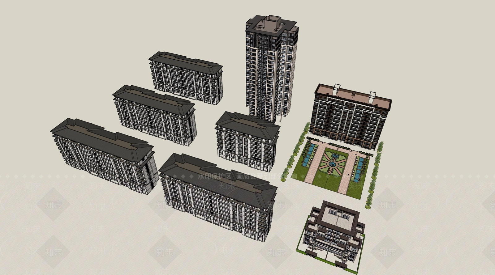 新中式中式多层住宅SU模型下载【ID:1173585742】