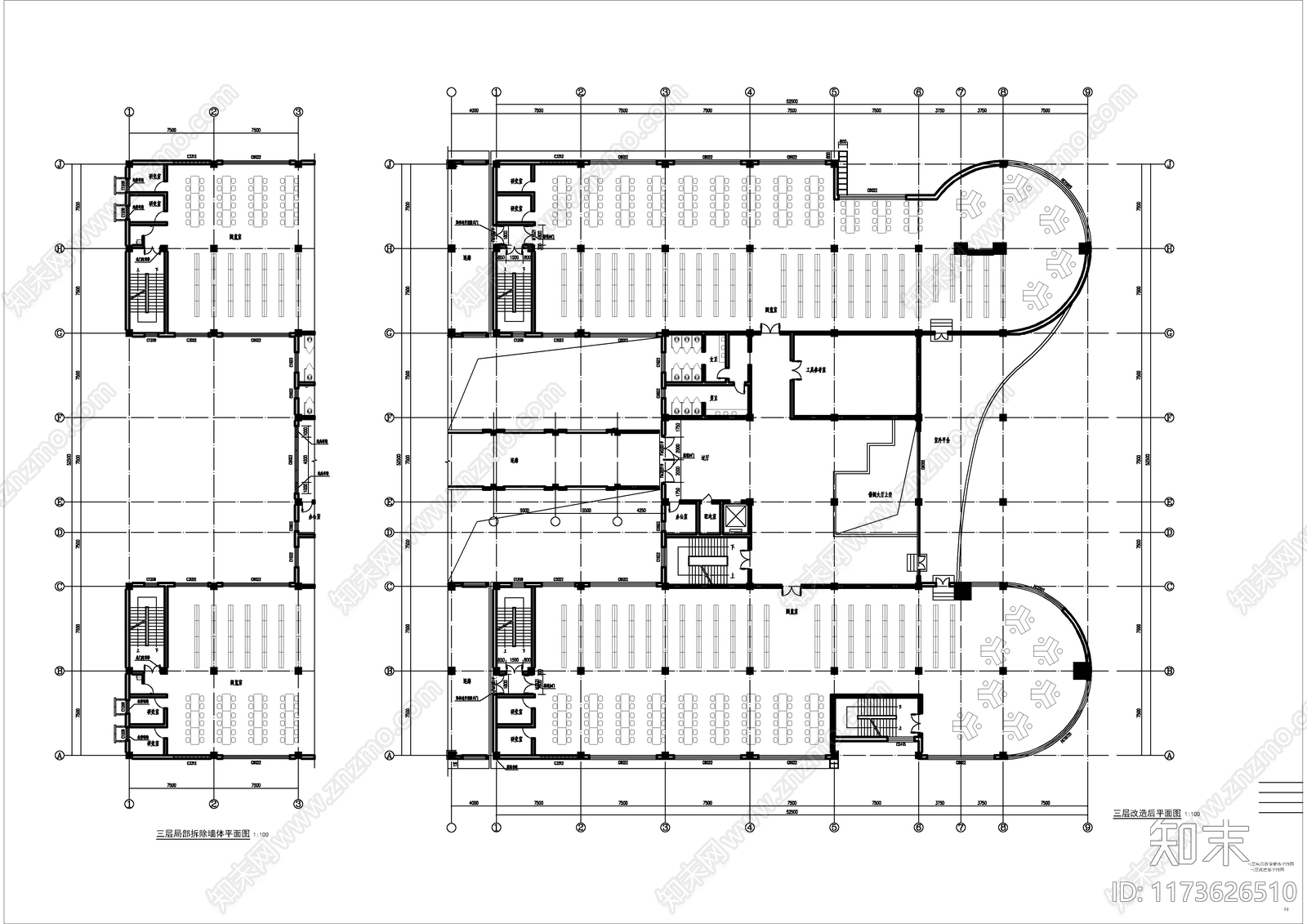 现代图书馆建筑cad施工图下载【ID:1173626510】