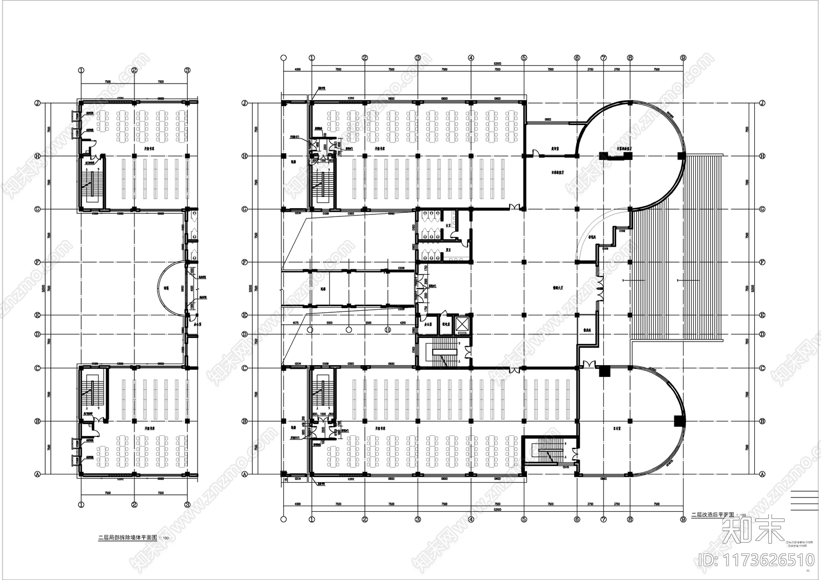 现代图书馆建筑cad施工图下载【ID:1173626510】