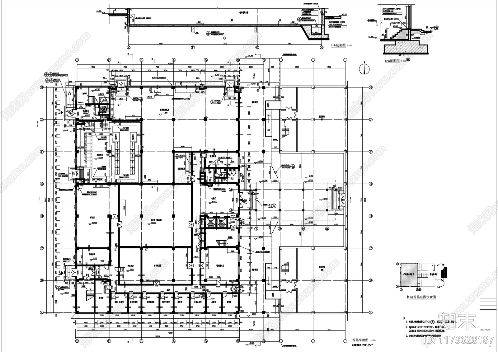 现代图书馆建筑cad施工图下载【ID:1173628187】