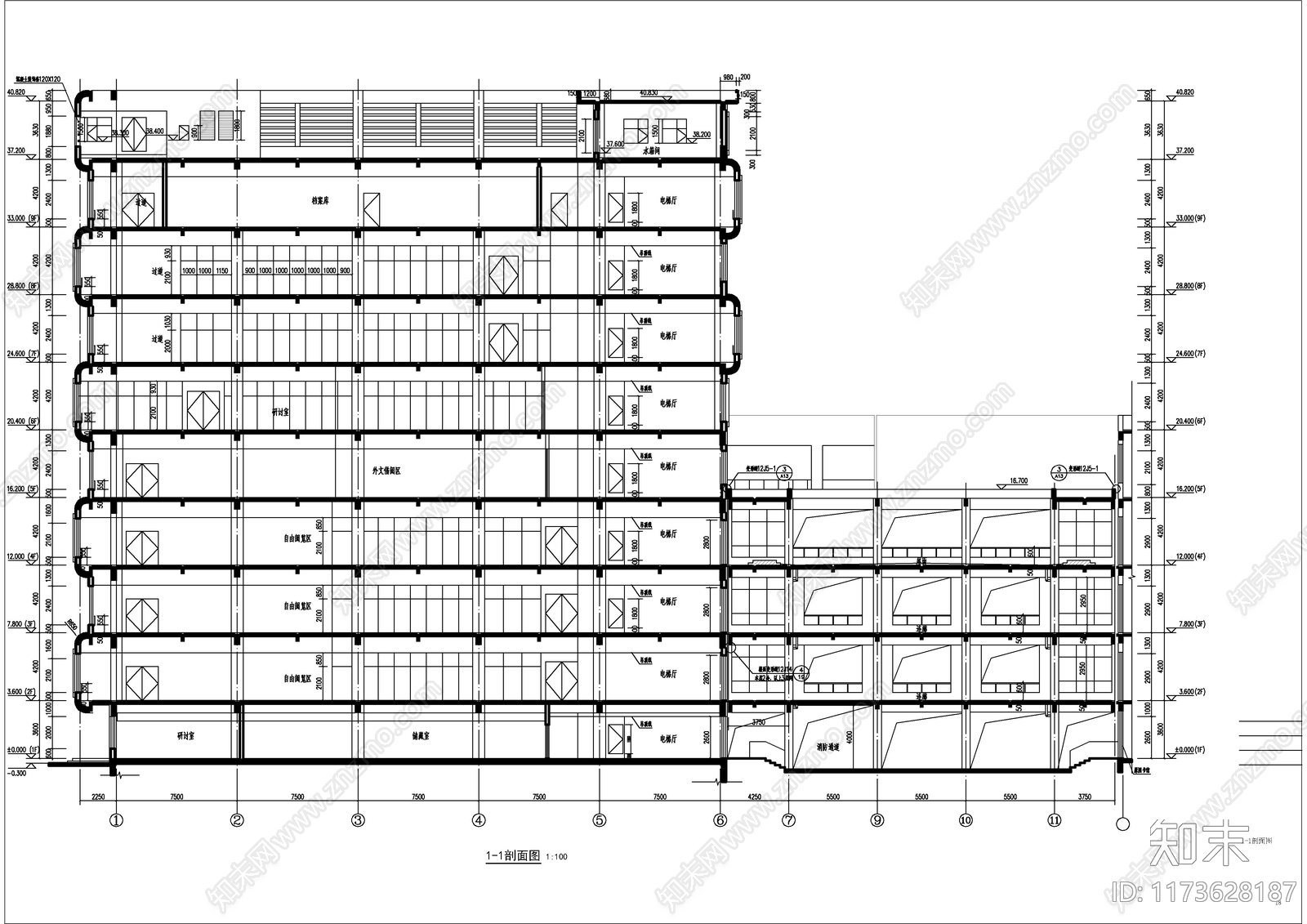 现代图书馆建筑cad施工图下载【ID:1173628187】