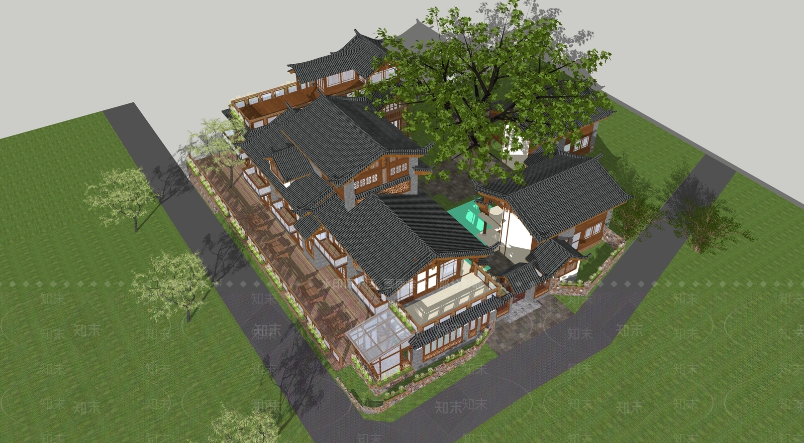 中式民宿建筑SU模型下载【ID:1173628225】