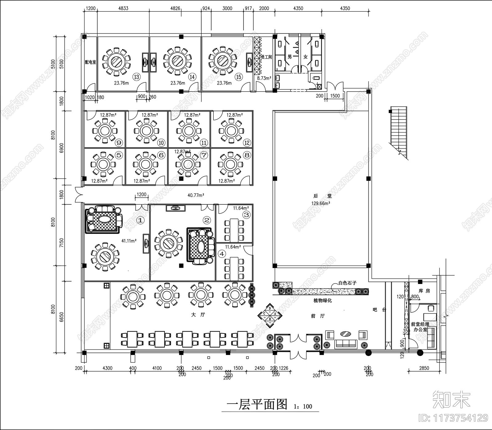 新中式中餐厅cad施工图下载【ID:1173754129】