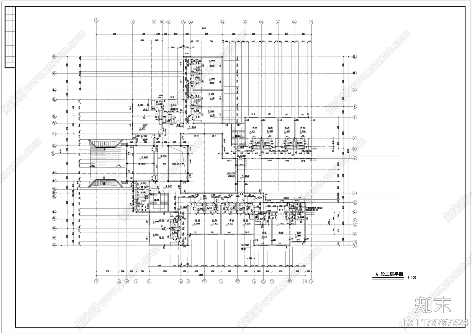 中式酒店建筑cad施工图下载【ID:1173767324】