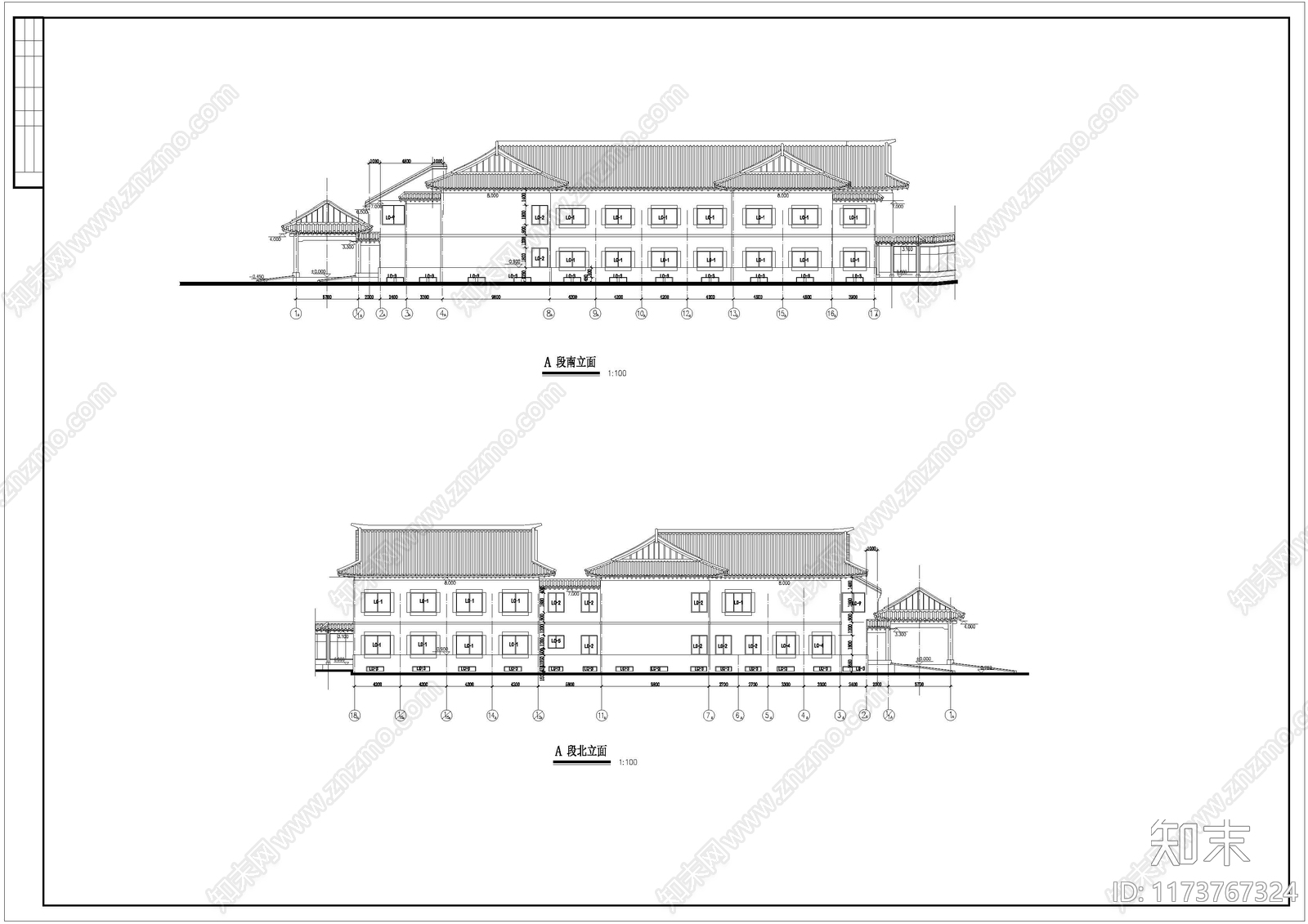 中式酒店建筑cad施工图下载【ID:1173767324】