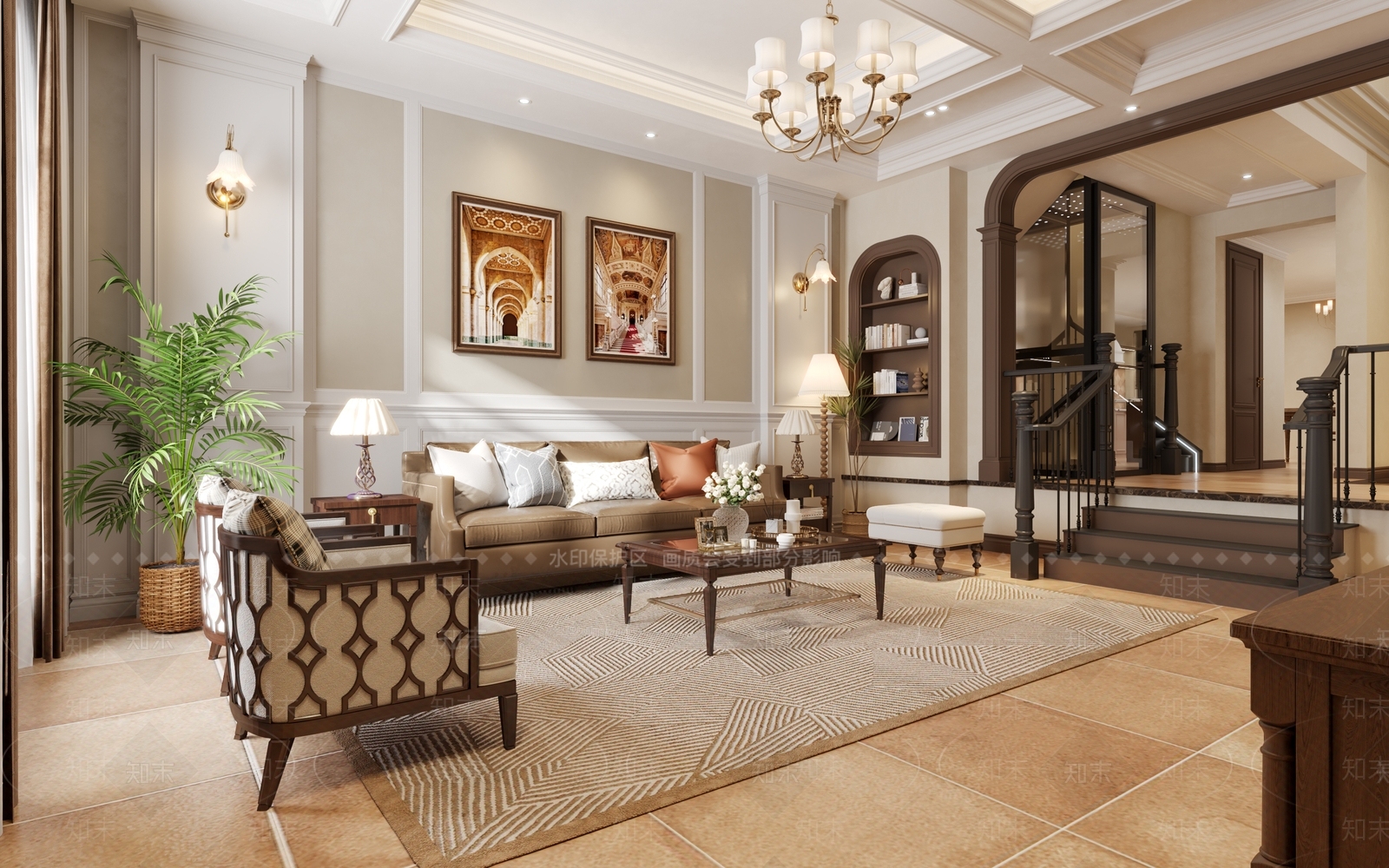 现代美式别墅客厅3D模型下载【ID:1173788965】