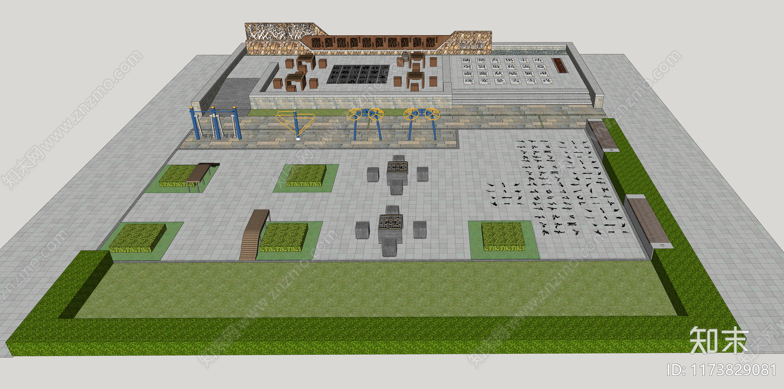 现代新中式广场景观SU模型下载【ID:1173829081】