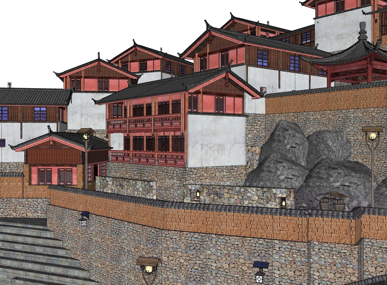新中式中式民宿建筑SU模型下载【ID:1173832787】