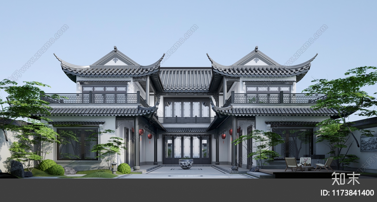 新中式中式别墅外观3D模型下载【ID:1173841400】