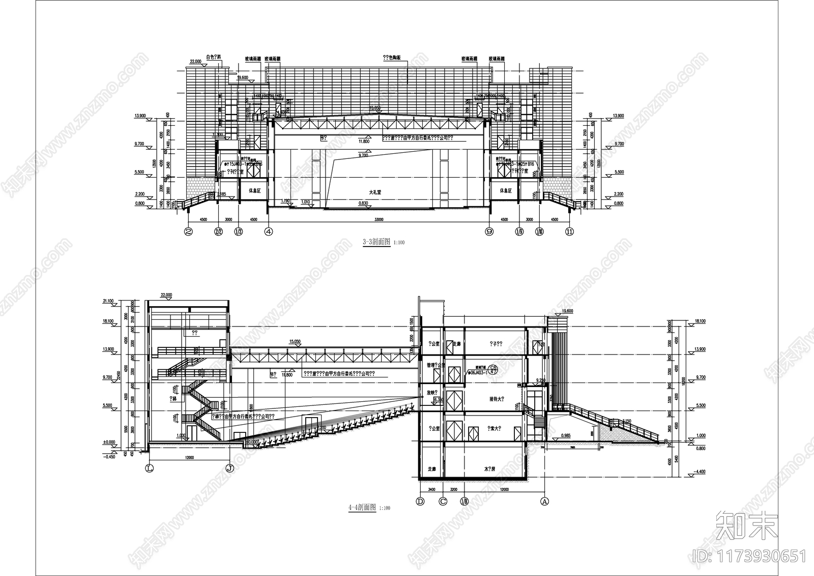 现代图书馆建筑cad施工图下载【ID:1173930651】