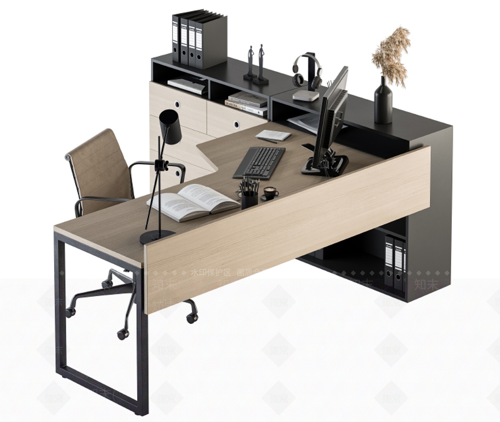 现代新中式办公桌椅3D模型下载【ID:1173942283】