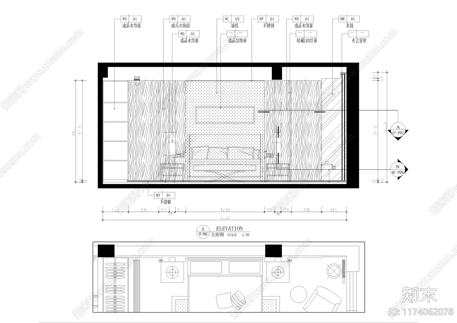 现代卧室cad施工图下载【ID:1174062078】