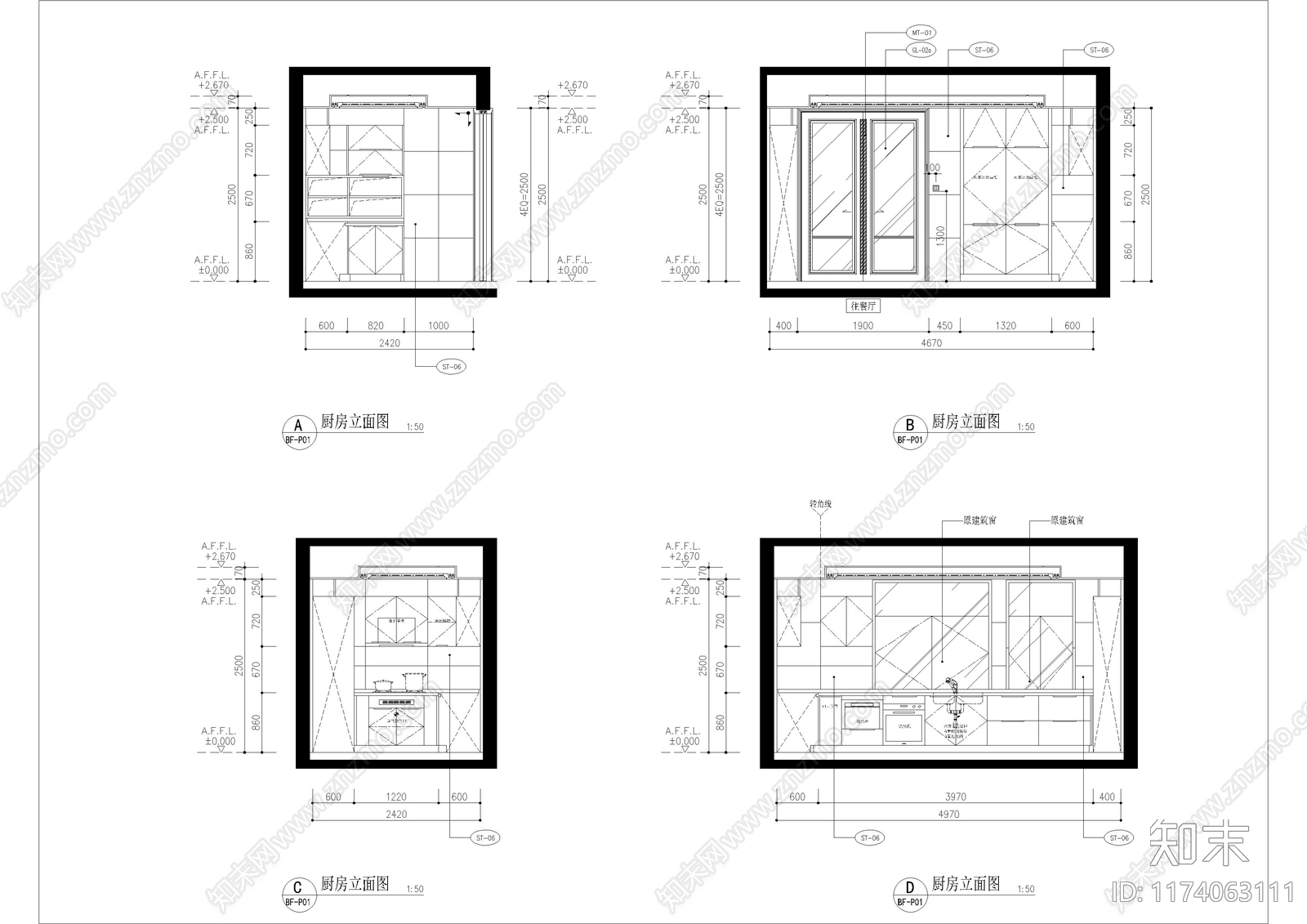 现代厨房cad施工图下载【ID:1174063111】