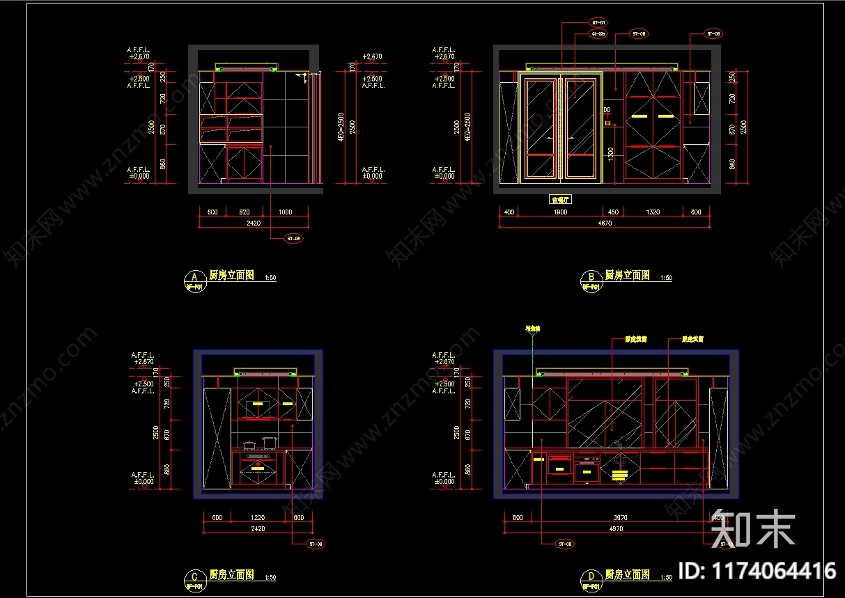 现代厨房cad施工图下载【ID:1174064416】