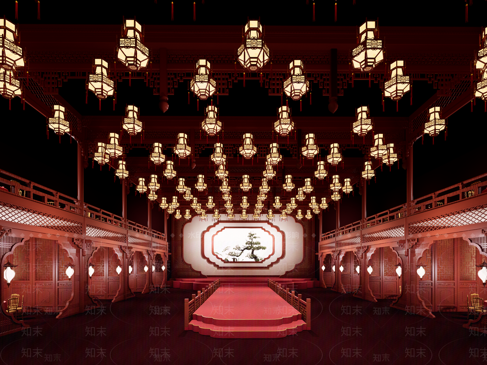 中式新中式宴会厅SU模型下载【ID:1174080265】
