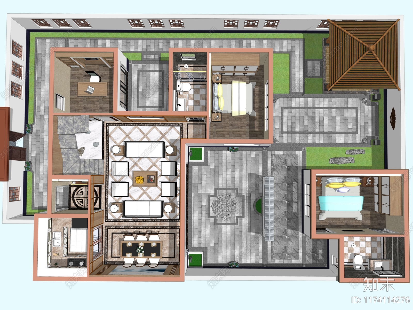 新中式家装鸟瞰SU模型下载【ID:1174114276】