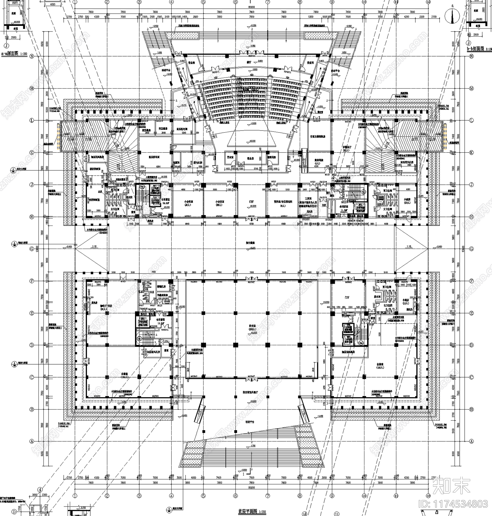 现代图书馆建筑cad施工图下载【ID:1174534803】