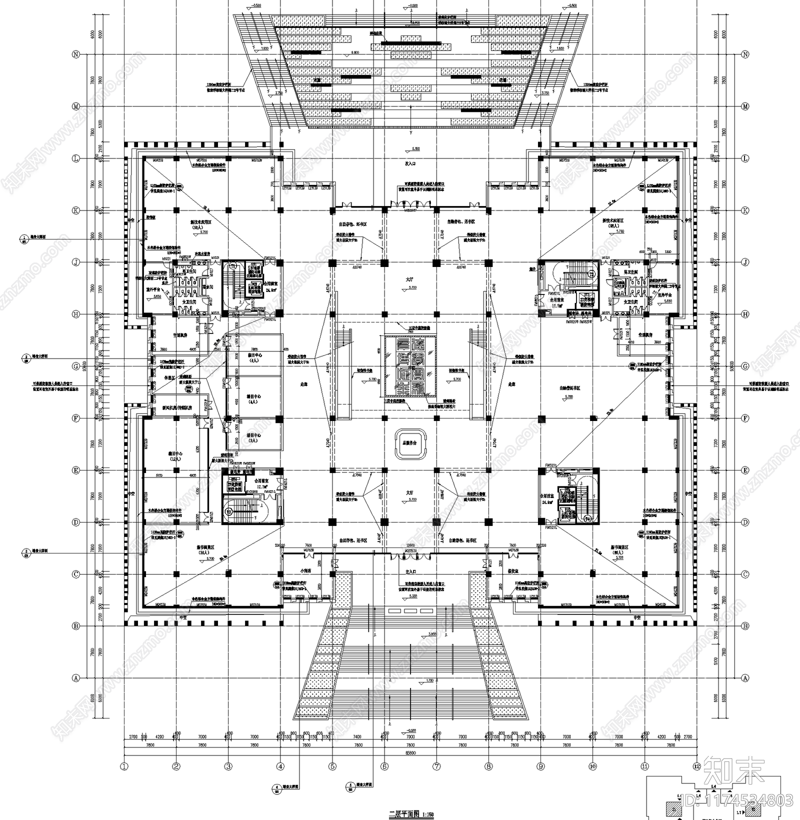 现代图书馆建筑cad施工图下载【ID:1174534803】