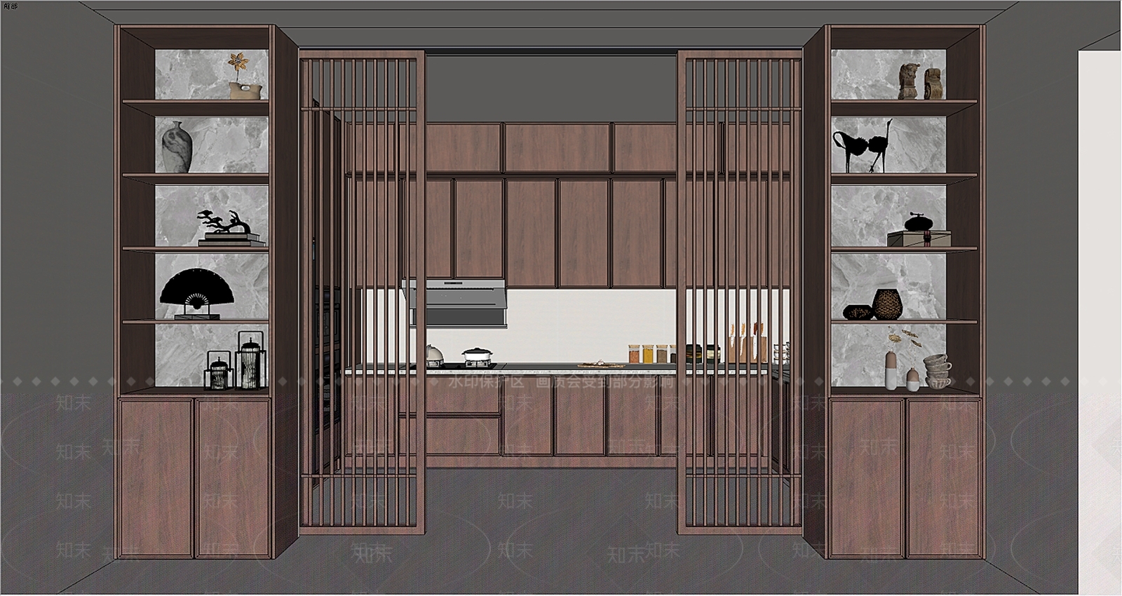 新中式中式封闭式厨房SU模型下载【ID:1174581005】