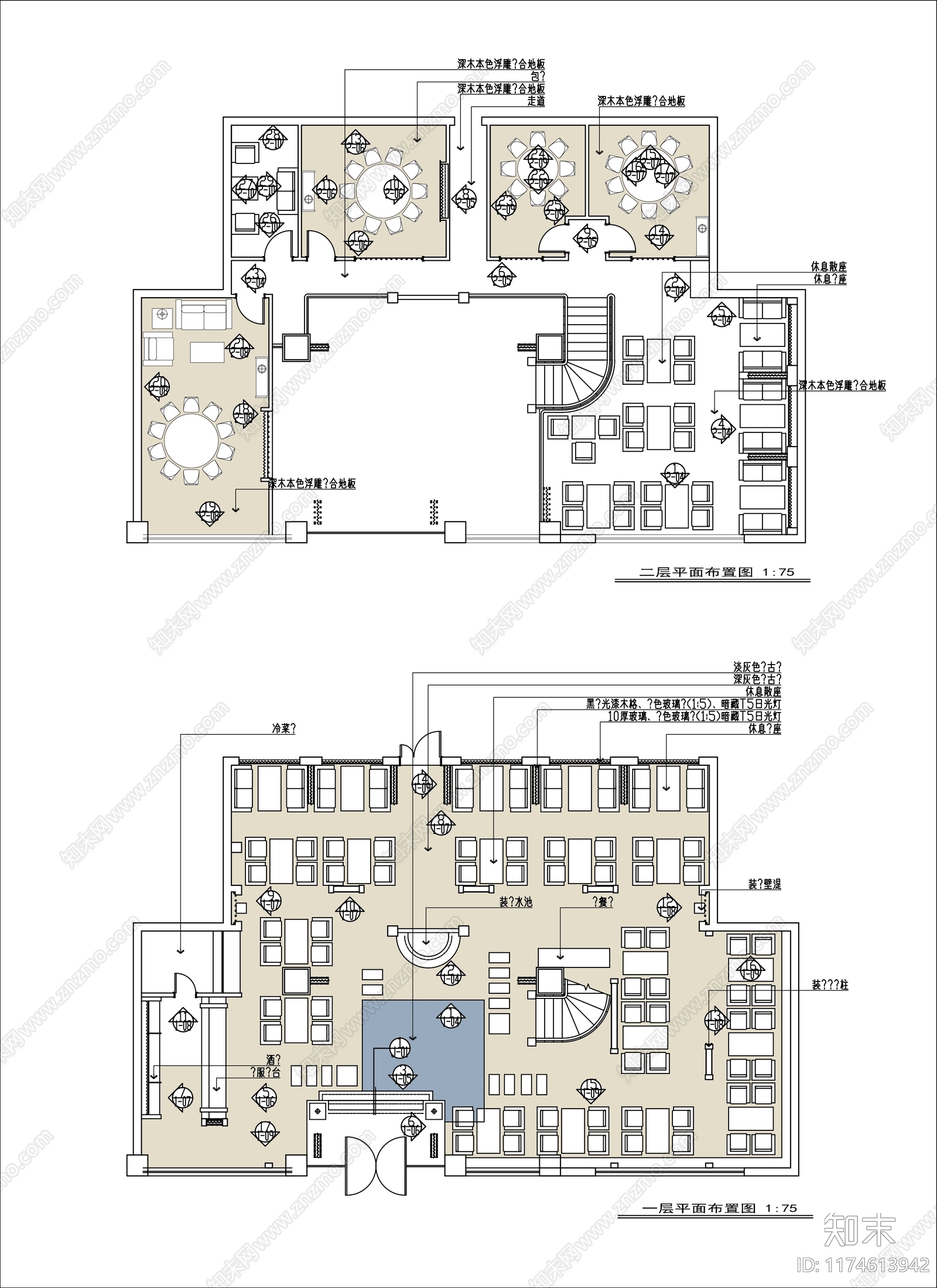 现代新中式中餐厅cad施工图下载【ID:1174613942】