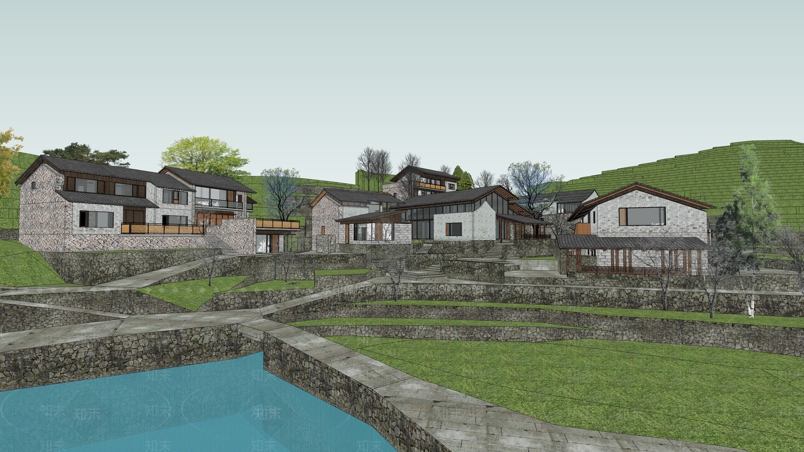 现代新中式民宿建筑SU模型下载【ID:1174814722】