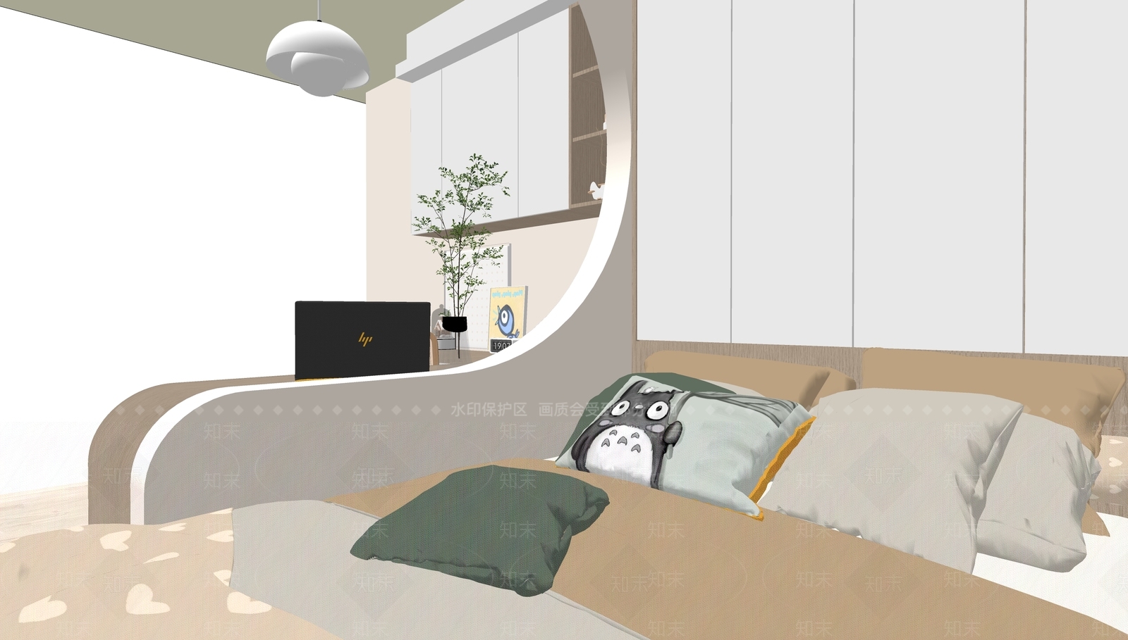现代奶油榻榻米卧室SU模型下载【ID:1174843736】