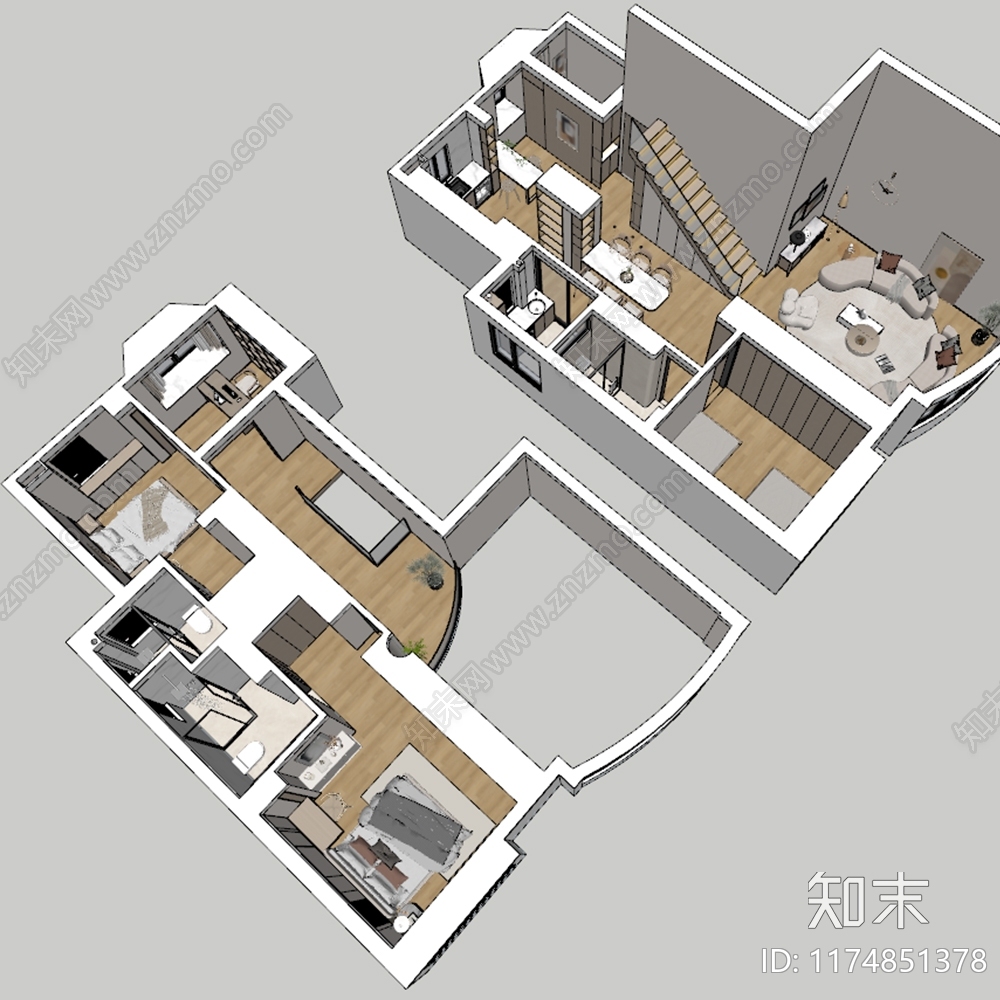 原木家装鸟瞰SU模型下载【ID:1174851378】