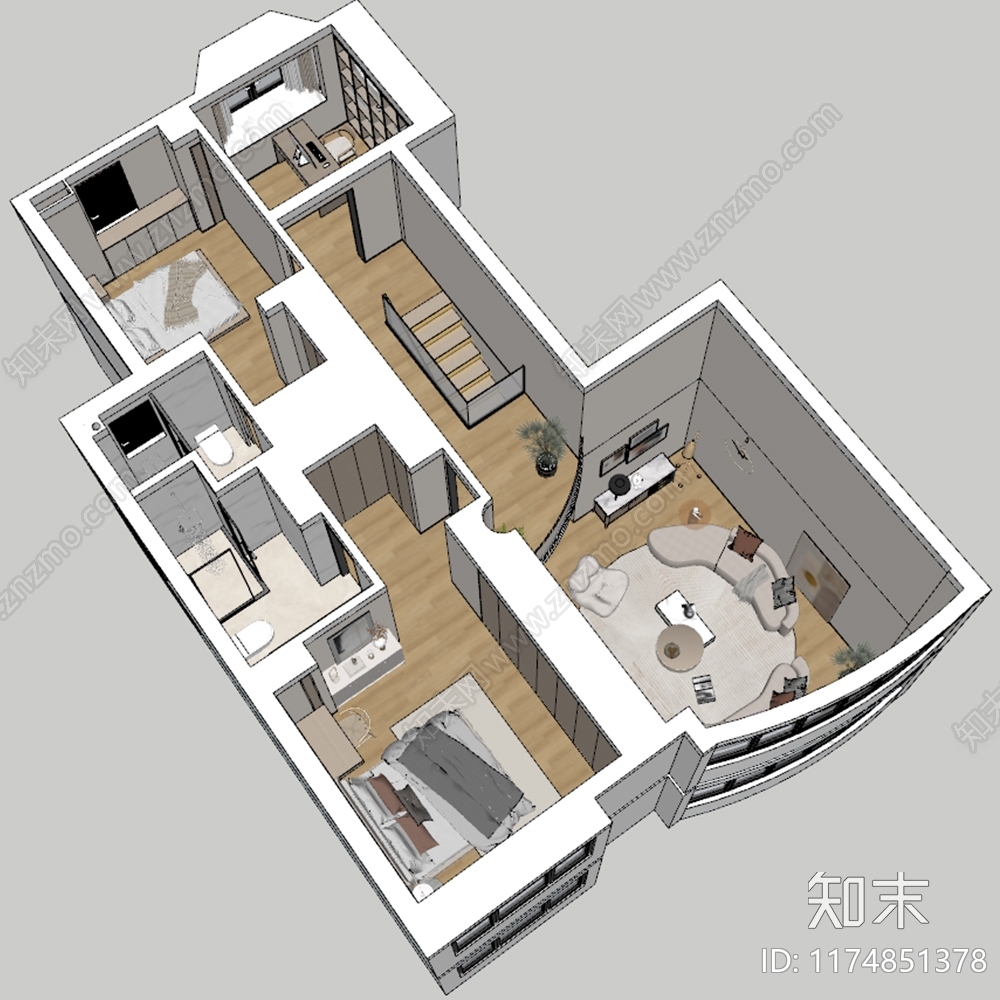 原木家装鸟瞰SU模型下载【ID:1174851378】