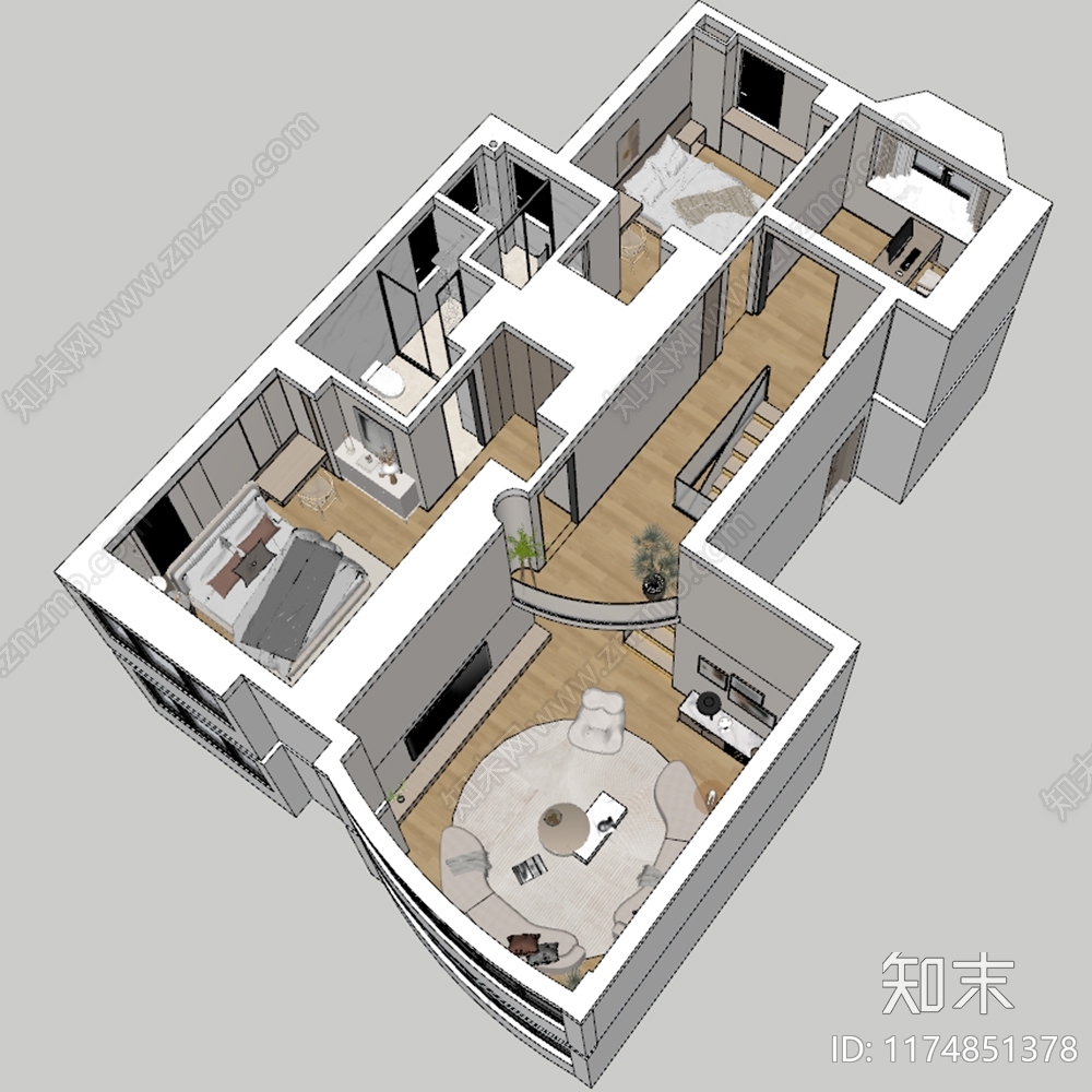 原木家装鸟瞰SU模型下载【ID:1174851378】