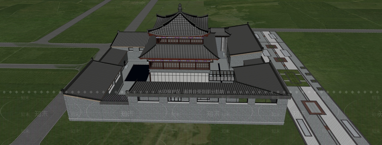 中式展览馆建筑SU模型下载【ID:1174876203】