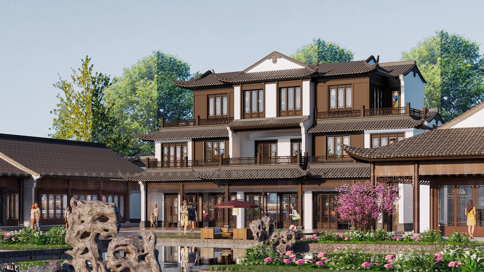 新中式中式酒店建筑SU模型下载【ID:1174933876】