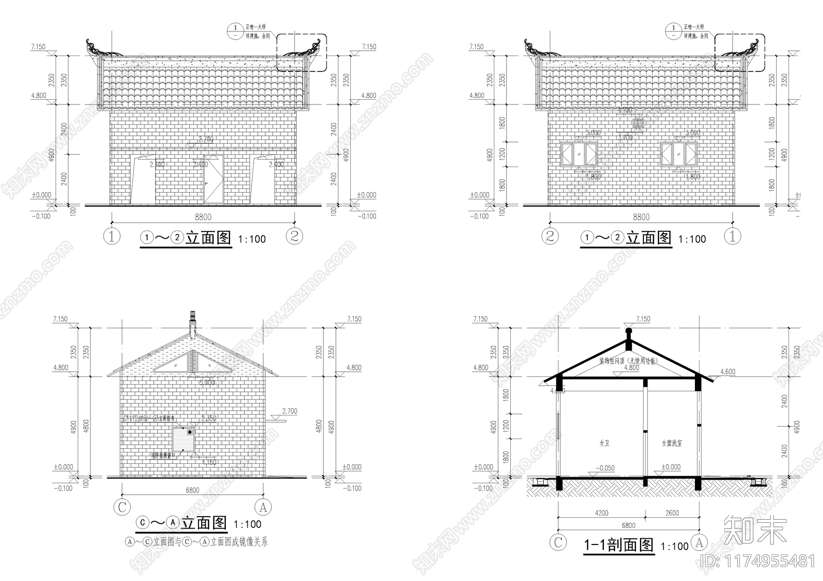 新中式中式公厕施工图下载【ID:1174955481】