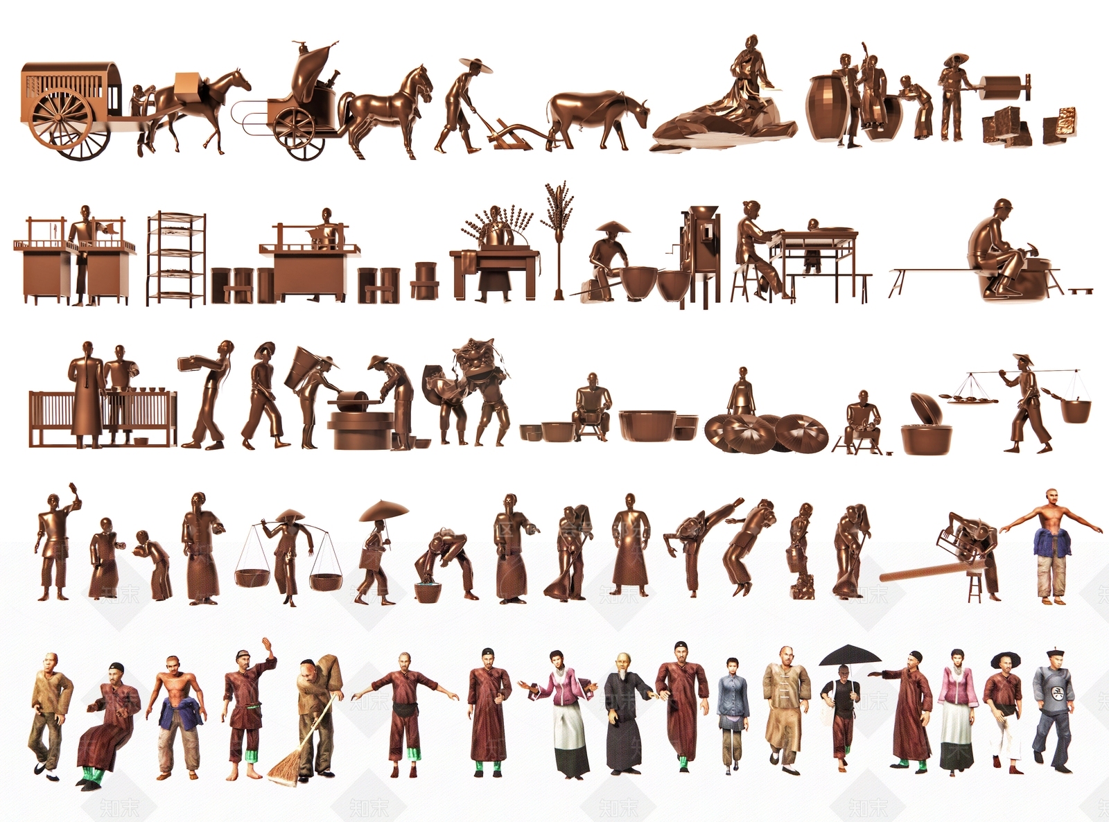 中式铜人雕塑3D模型下载【ID:1174999971】