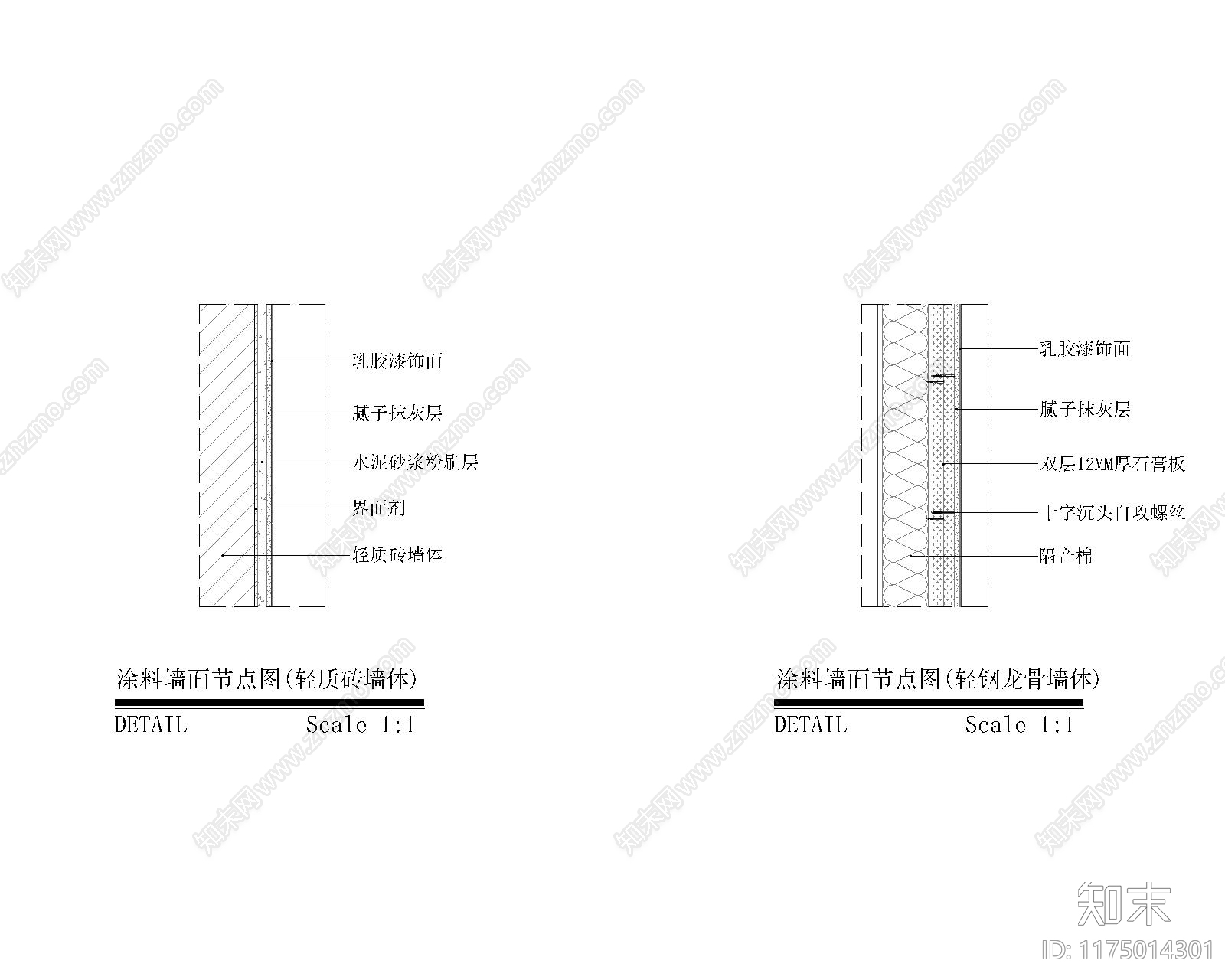 新中式现代墙面节点cad施工图下载【ID:1175014301】