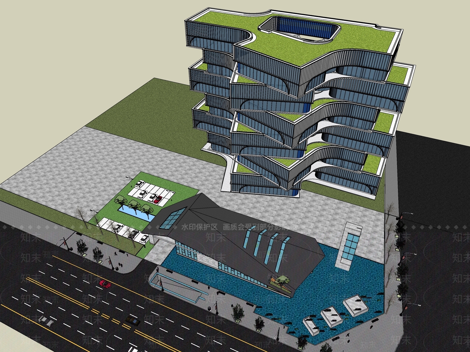 现代展览馆建筑SU模型下载【ID:1175041510】