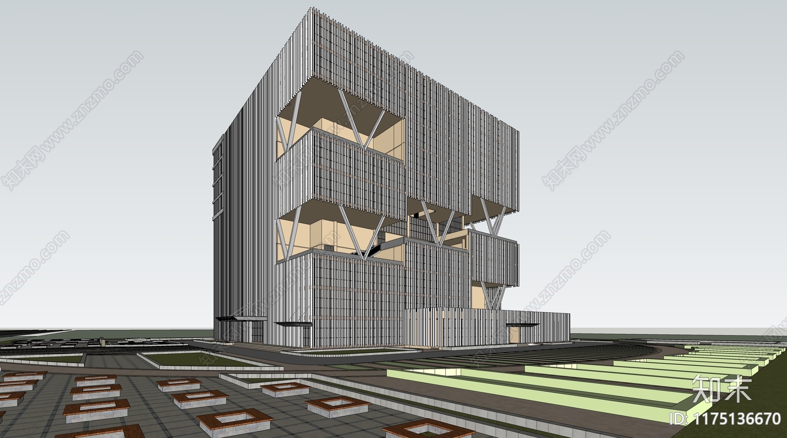 现代新中式图书馆建筑SU模型下载【ID:1175136670】