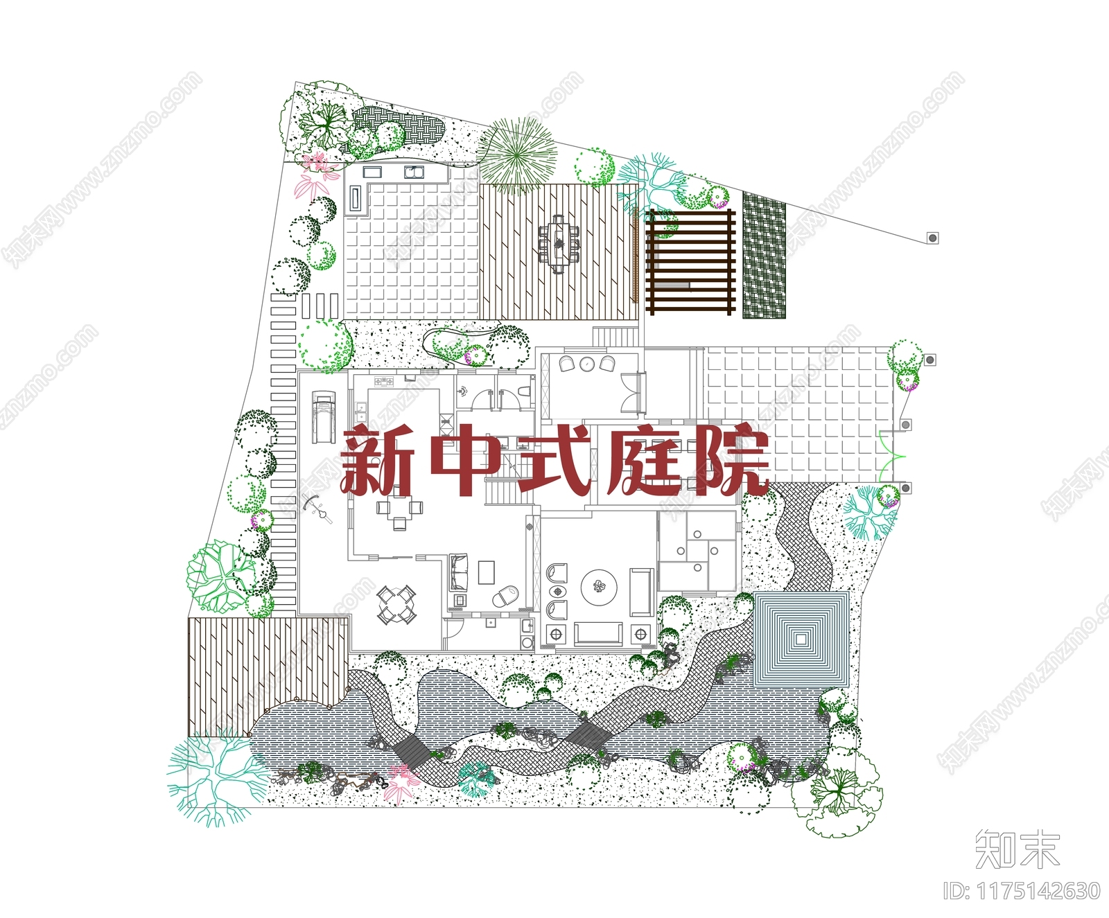 新中式现代庭院cad施工图下载【ID:1175142630】