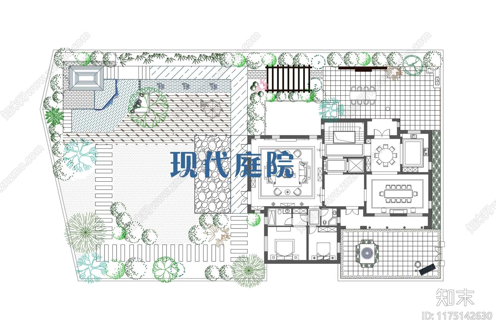 新中式现代庭院cad施工图下载【ID:1175142630】