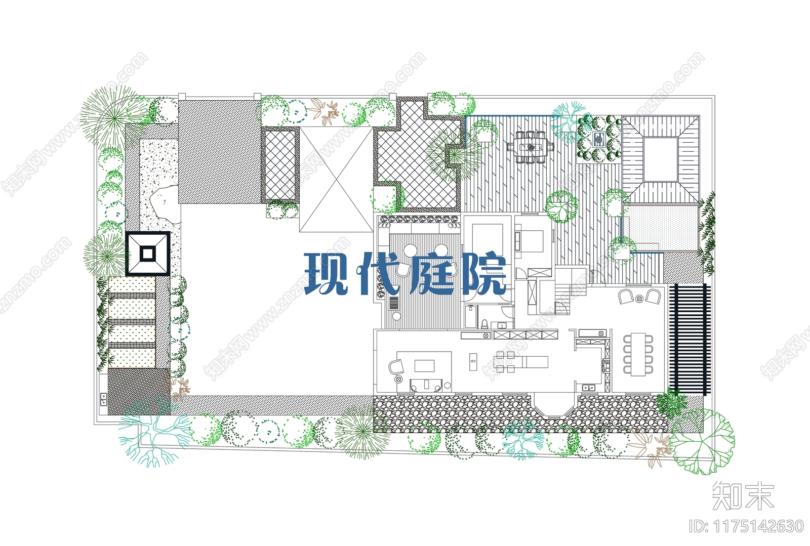 新中式现代庭院cad施工图下载【ID:1175142630】