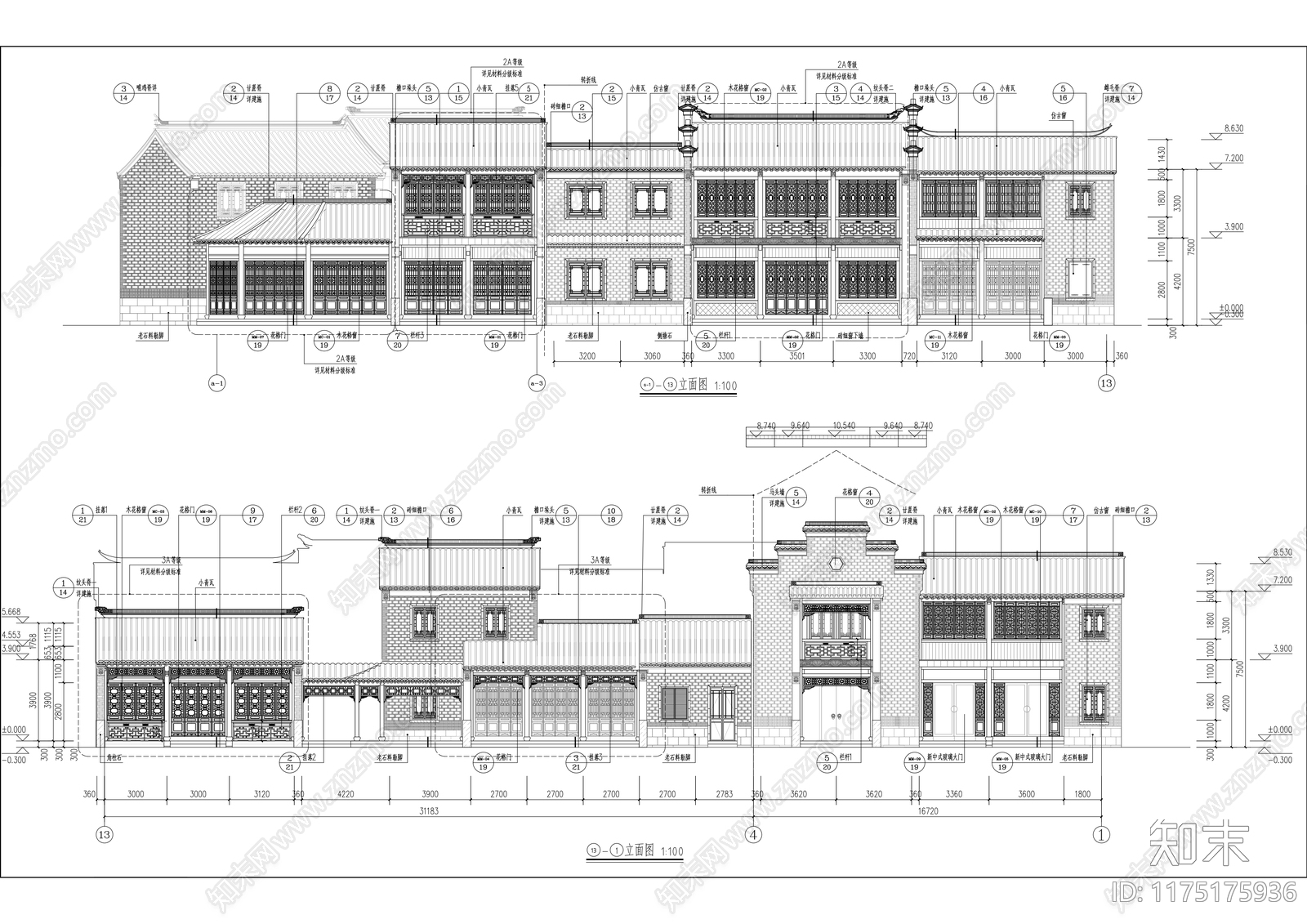 中式商业街cad施工图下载【ID:1175175936】