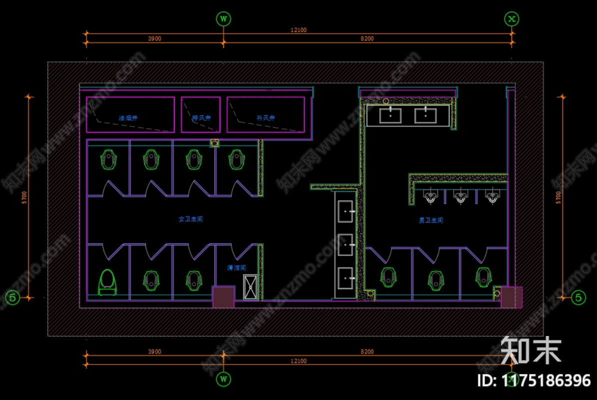 现代公共卫生间cad施工图下载【ID:1175186396】