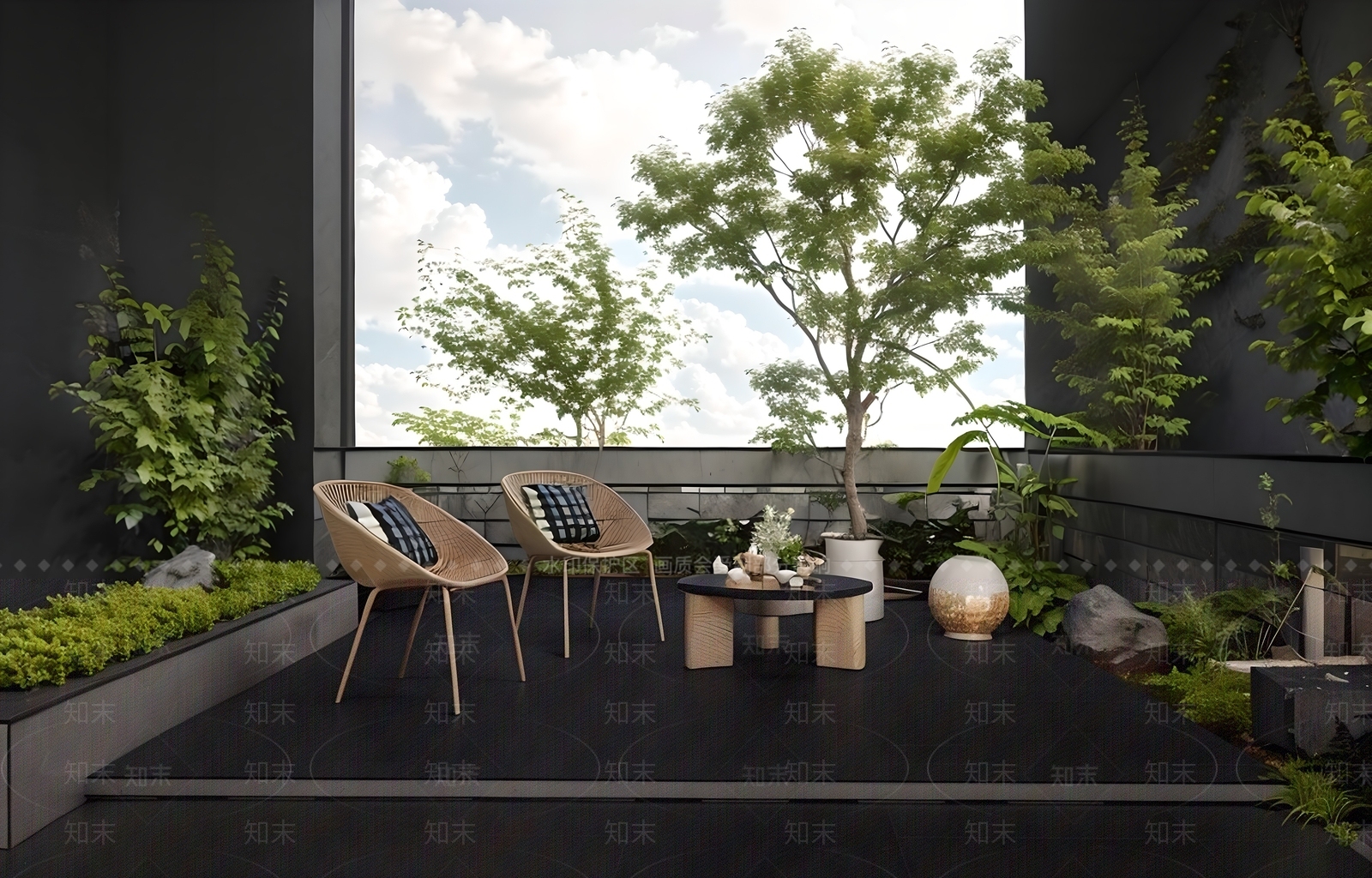 现代中式屋顶花园SU模型下载【ID:1175227987】