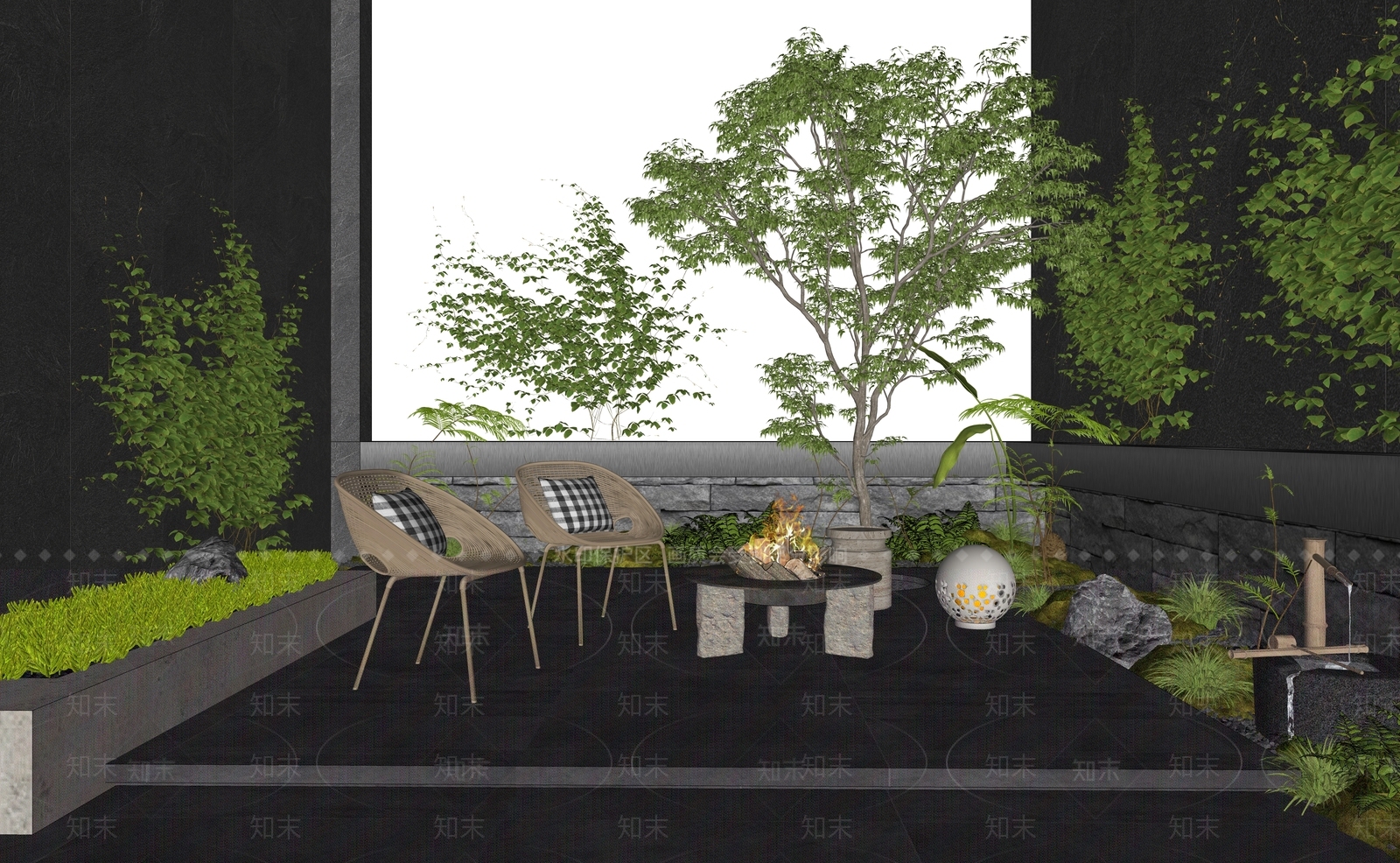 现代中式屋顶花园SU模型下载【ID:1175227987】