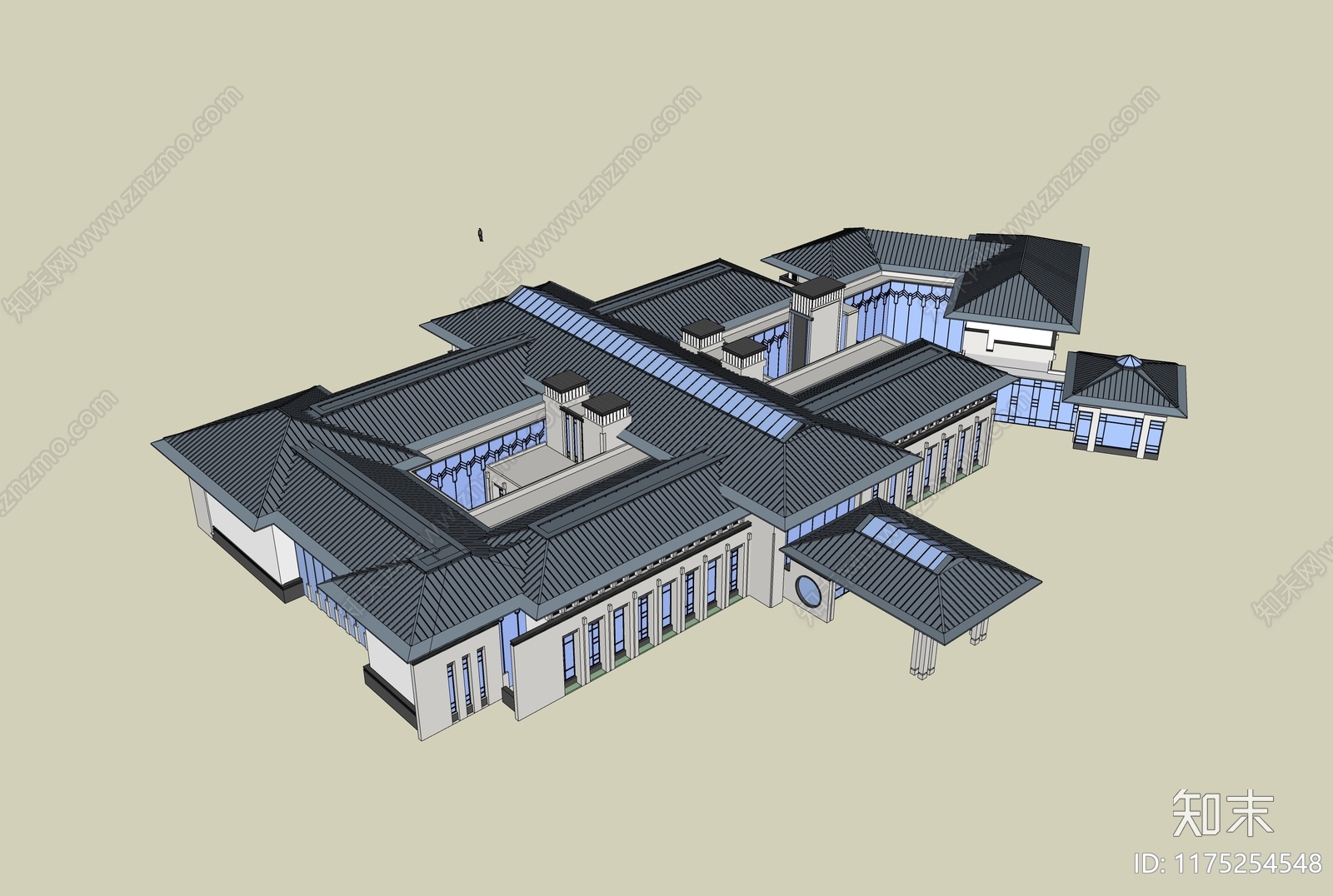 新中式现代酒店建筑SU模型下载【ID:1175254548】