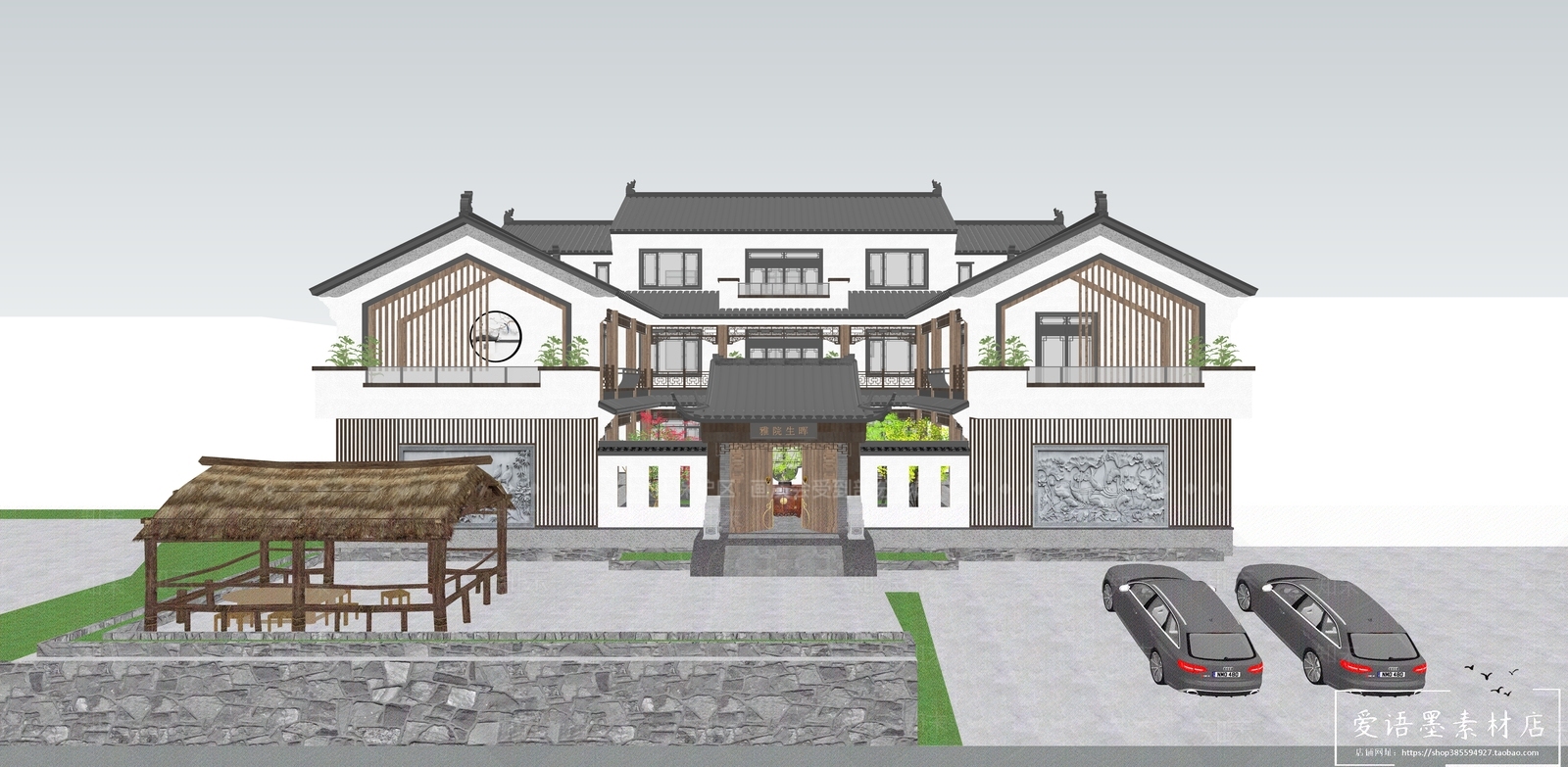 新中式民宿建筑SU模型下载【ID:1175293144】